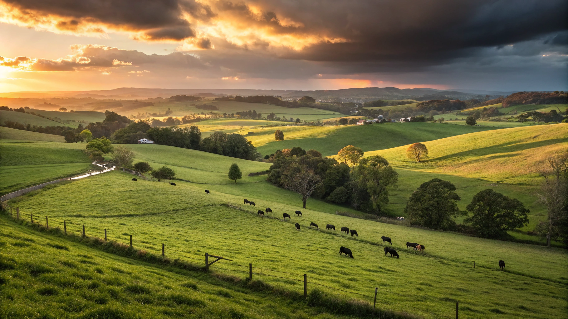 Cattle and livestock in pastoral field during sunset